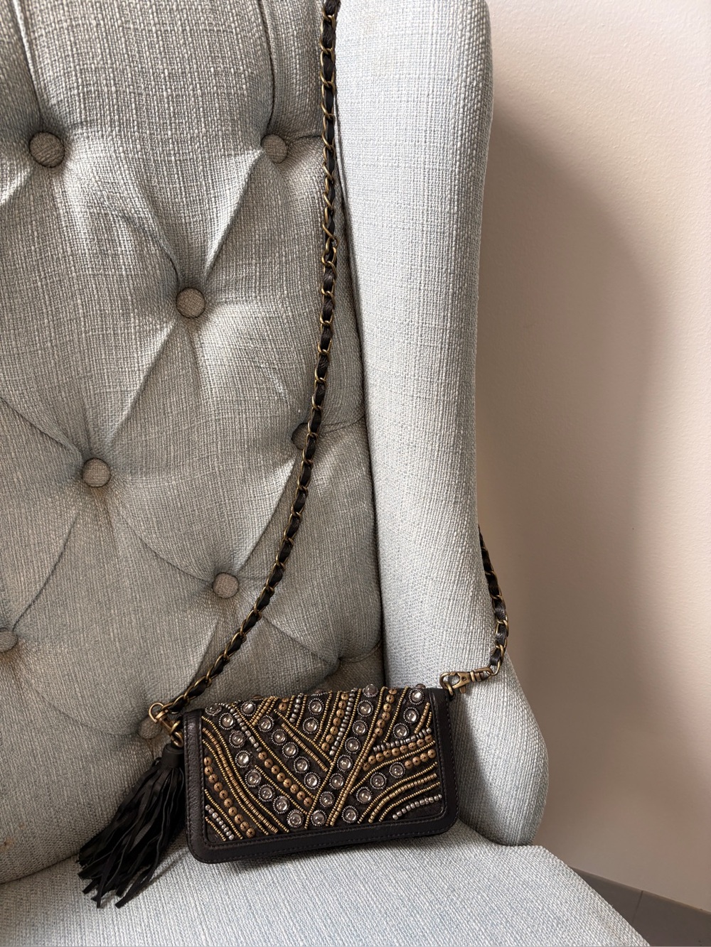 Mary Frances Embellished Black Leather Crossbody Bag with Tassel
